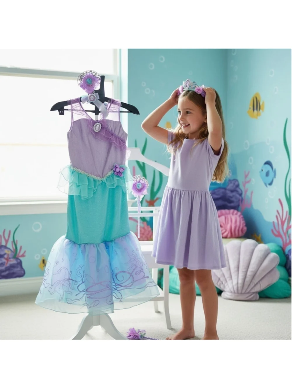 SET Disney Princess The Little Mermaid Costume Cosplay Wand Tiara Halloween